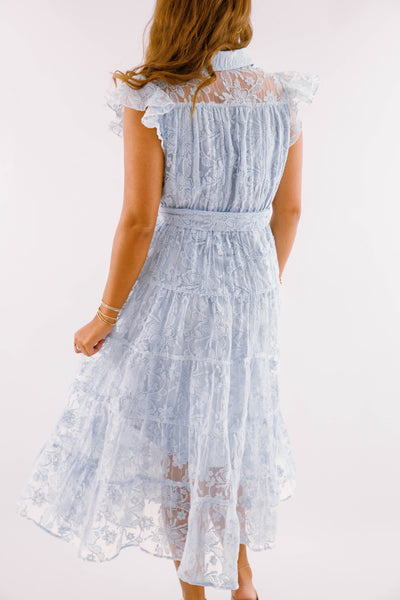 Blue Lace Flutter Sleeve Midi Dress- Women's Sophisticated Midi Dress