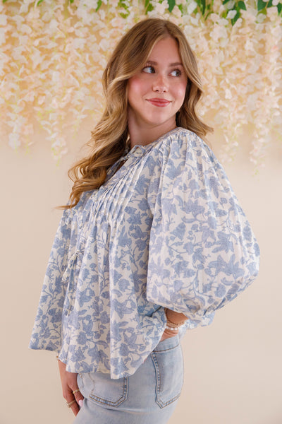 Blue Floral Print Cotton Top- Women's Cute Tops- Entro