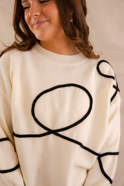 Women's Black and White Sweater- Fun Sweaters For Women- Swirl Design Sweater