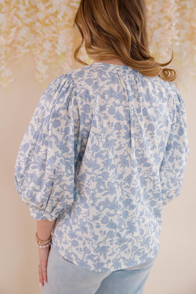 Blue Floral Print Cotton Top- Women's Cute Tops- Entro