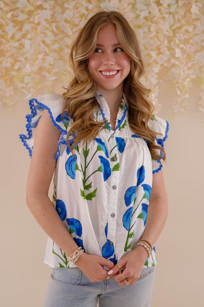 Floral Print Ruffle Sleeve Blouse- Blue and White Ruffle Top- Women's Spring Tops