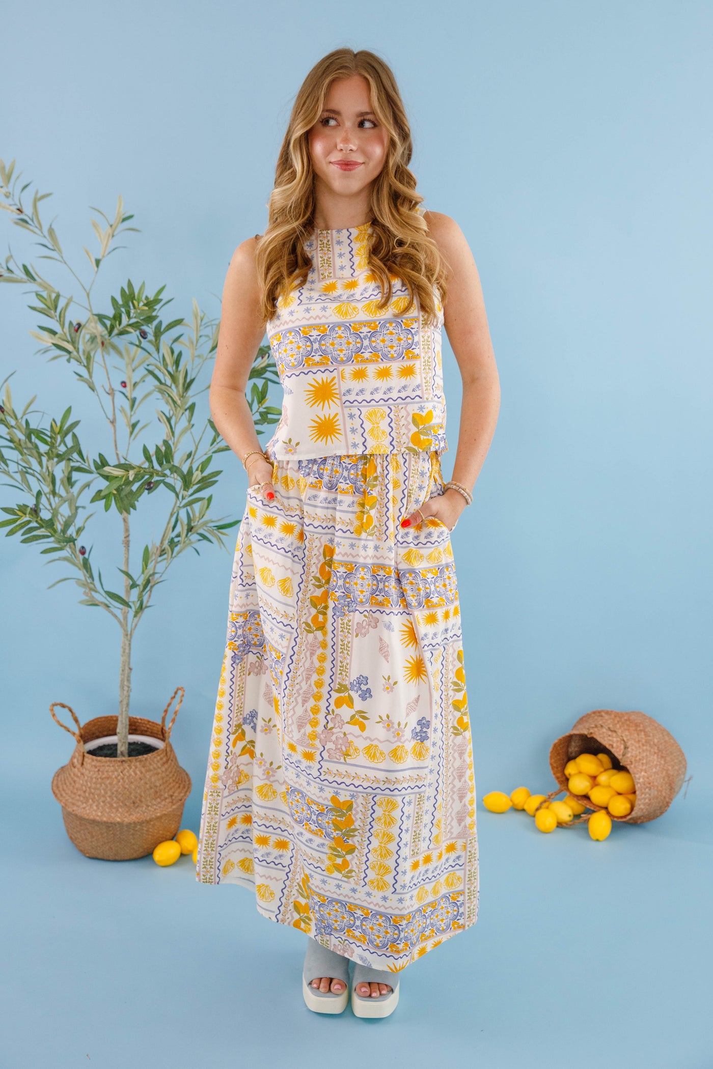Bila77 Landa Skirt- Mediterranean printed maxi skirt- Matching Lemon Top and Skirt 