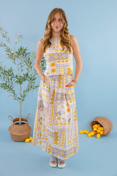 Bila77 Landa Skirt- Mediterranean printed maxi skirt- Matching Lemon Top and Skirt 