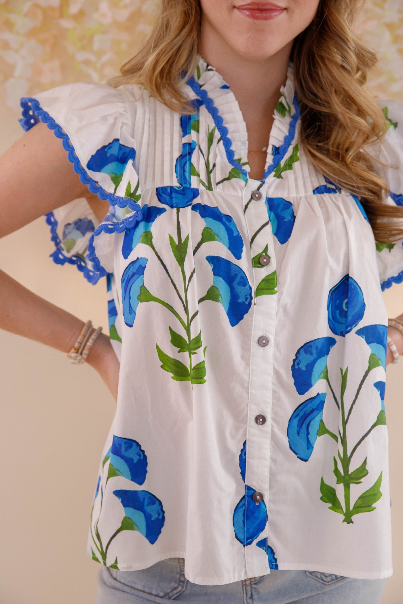 Floral Print Ruffle Sleeve Blouse- Blue and White Ruffle Top- Women's Spring Tops