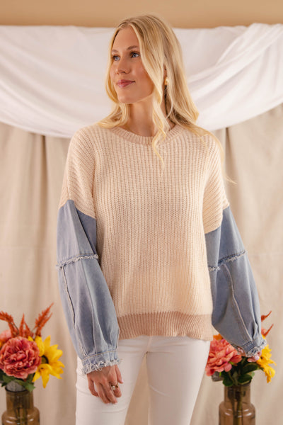 Women's Oversized Knit Sweater- Women's Denim Sleeve Sweater- Adora Color-Block Sweater