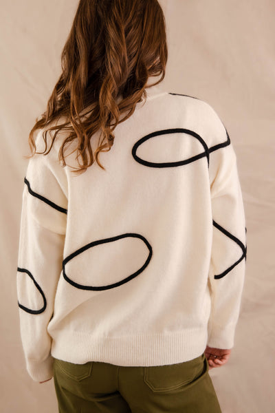 Women's Black and White Sweater- Fun Sweaters For Women- Swirl Design Sweater