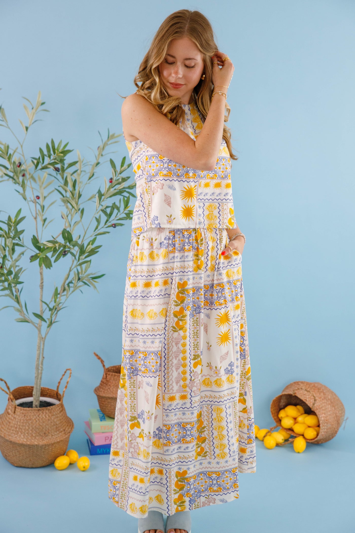 Bila77 Landa Skirt- Mediterranean printed maxi skirt- Matching Lemon Top and Skirt 