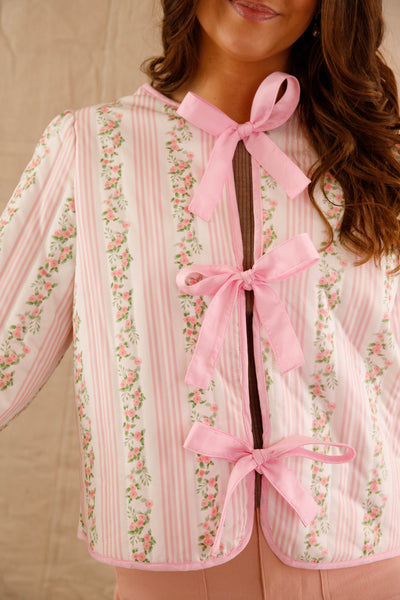 Feminine Quilted Jacket- Pink Floral and Stripe Coat- Bow Tie Front Jacket