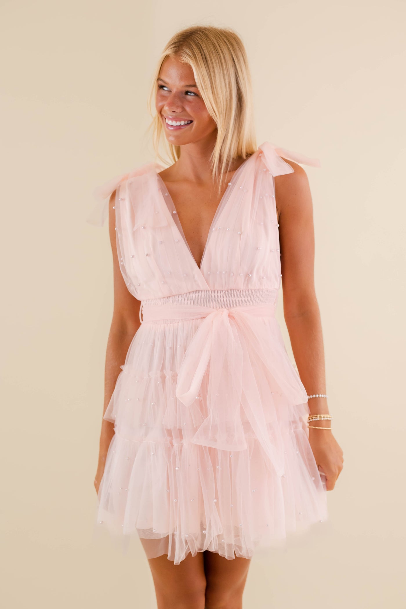 Blush Pearl Tulle Mini Dress- Bridal Tulle Pearl Dress- Women's Party Dress