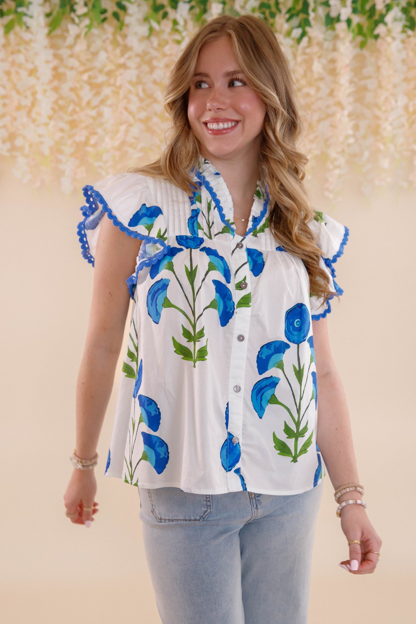 Floral Print Ruffle Sleeve Blouse- Blue and White Ruffle Top- Women's Spring Tops