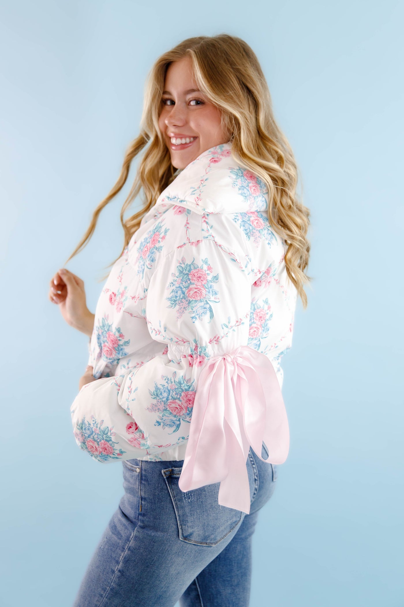 Floral Puffer Jacket- Women's Pink Bow Puffer Jacket- TCEC White Puffer Jacket