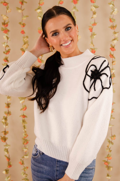 Flower Embroidery Sweater- Women's Chic White Sweater- Women's Flower Sweater