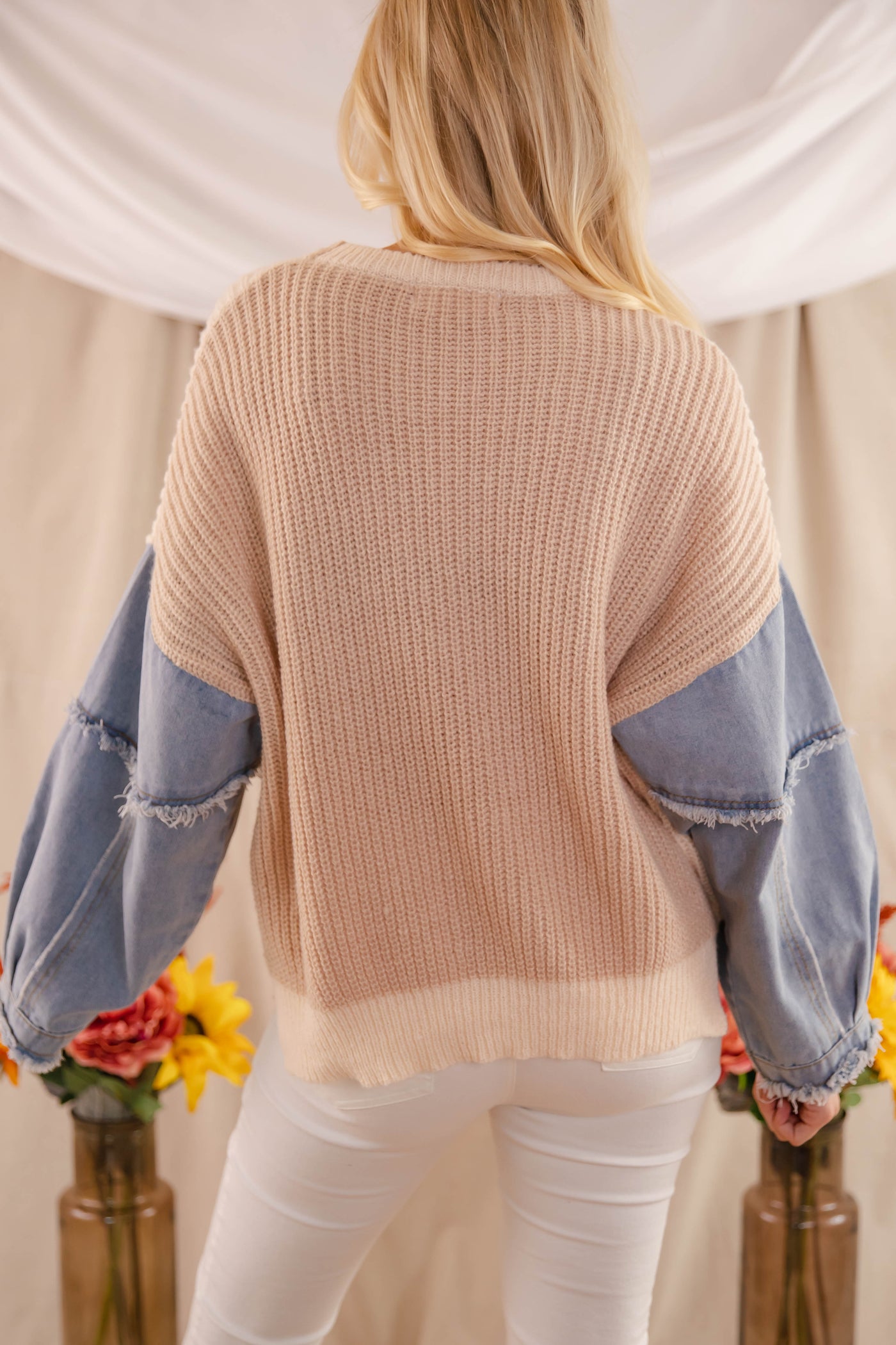 Women's Oversized Knit Sweater- Women's Denim Sleeve Sweater- Adora Color-Block Sweater