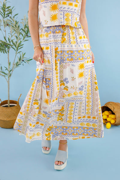 Bila77 Landa Skirt- Mediterranean printed maxi skirt- Matching Lemon Top and Skirt 