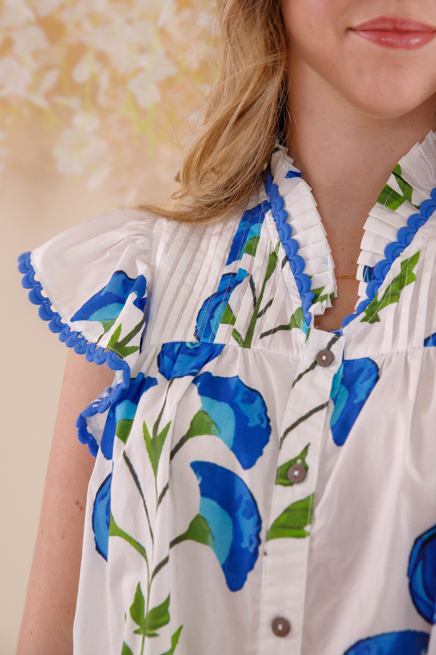 Floral Print Ruffle Sleeve Blouse- Blue and White Ruffle Top- Women's Spring Tops