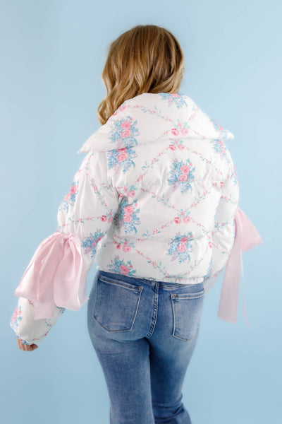 Floral Puffer Jacket- Women's Pink Bow Puffer Jacket- TCEC White Puffer Jacket