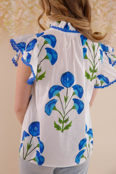 Floral Print Ruffle Sleeve Blouse- Blue and White Ruffle Top- Women's Spring Tops
