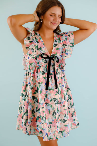 Pink Floral Flutter Sleeve Mini Dress- Women's Floral Mini Dress- Entro Dresses