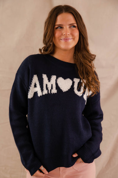 Navy Amour Sweater- Women's Heart Sweater- Women's Graphic Sweaters