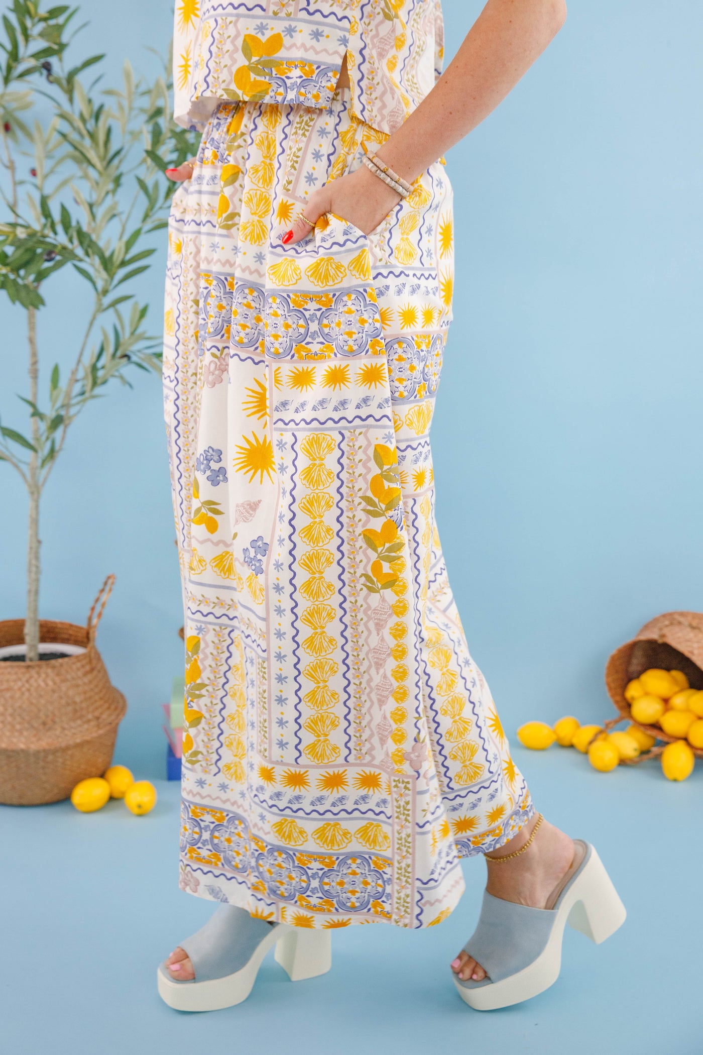 Bila77 Landa Skirt- Mediterranean printed maxi skirt- Matching Lemon Top and Skirt 