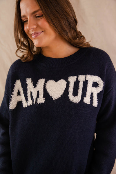 Navy Amour Sweater- Women's Heart Sweater- Women's Graphic Sweaters