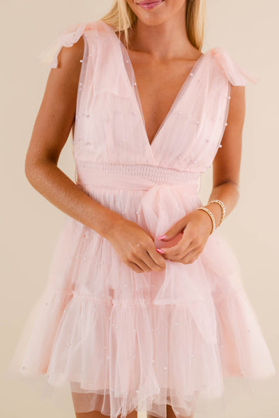 Blush Pearl Tulle Mini Dress- Bridal Tulle Pearl Dress- Women's Party Dress