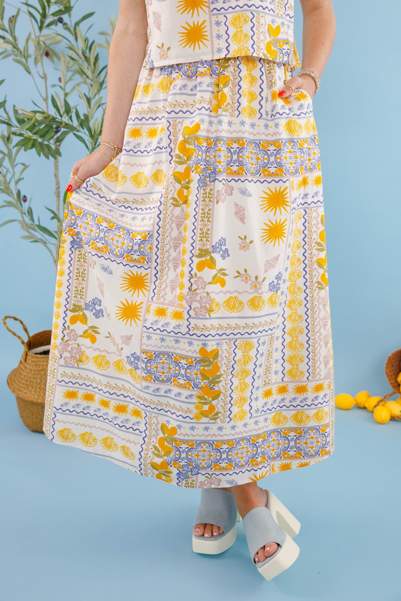 Bila77 Landa Skirt- Mediterranean printed maxi skirt- Matching Lemon Top and Skirt 