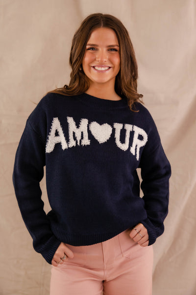 Navy Amour Sweater- Women's Heart Sweater- Women's Graphic Sweaters