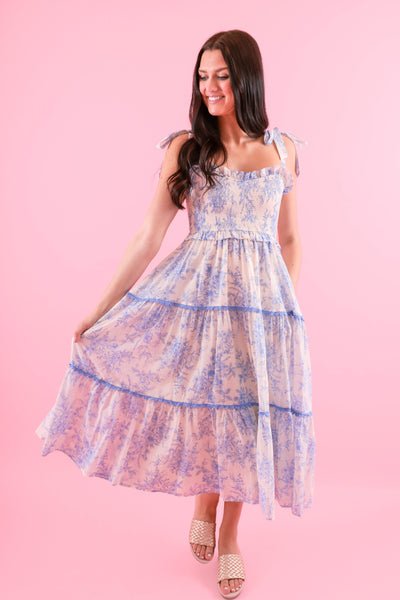 Light Blue Floral Tiered Midi Dress- &Merci Midi Dress