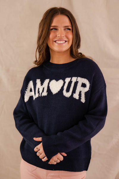 Navy Amour Sweater- Women's Heart Sweater- Women's Graphic Sweaters