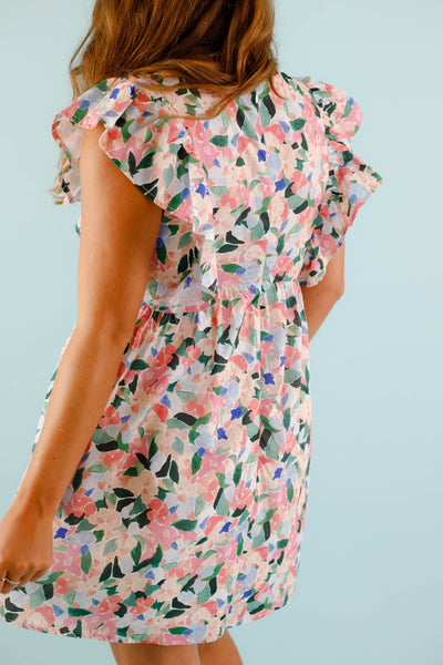 Pink Floral Flutter Sleeve Mini Dress- Women's Floral Mini Dress- Entro Dresses