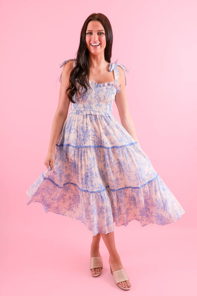 Light Blue Floral Tiered Midi Dress- &Merci Midi Dress