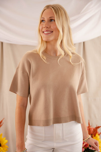 Taupe Boxy Sweater Top- Women's Cashmere Feel Sweater- Wishlist Sweaters