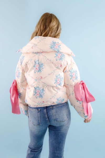 Floral Puffer Jacket- Women's Pink Bow Puffer Jacket- TCEC Pink Puffer Jacket