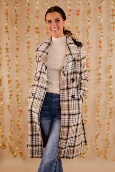 Women's Plaid Winter Coat- Double Breasted Check Print Coat- Women's Coat With Belt