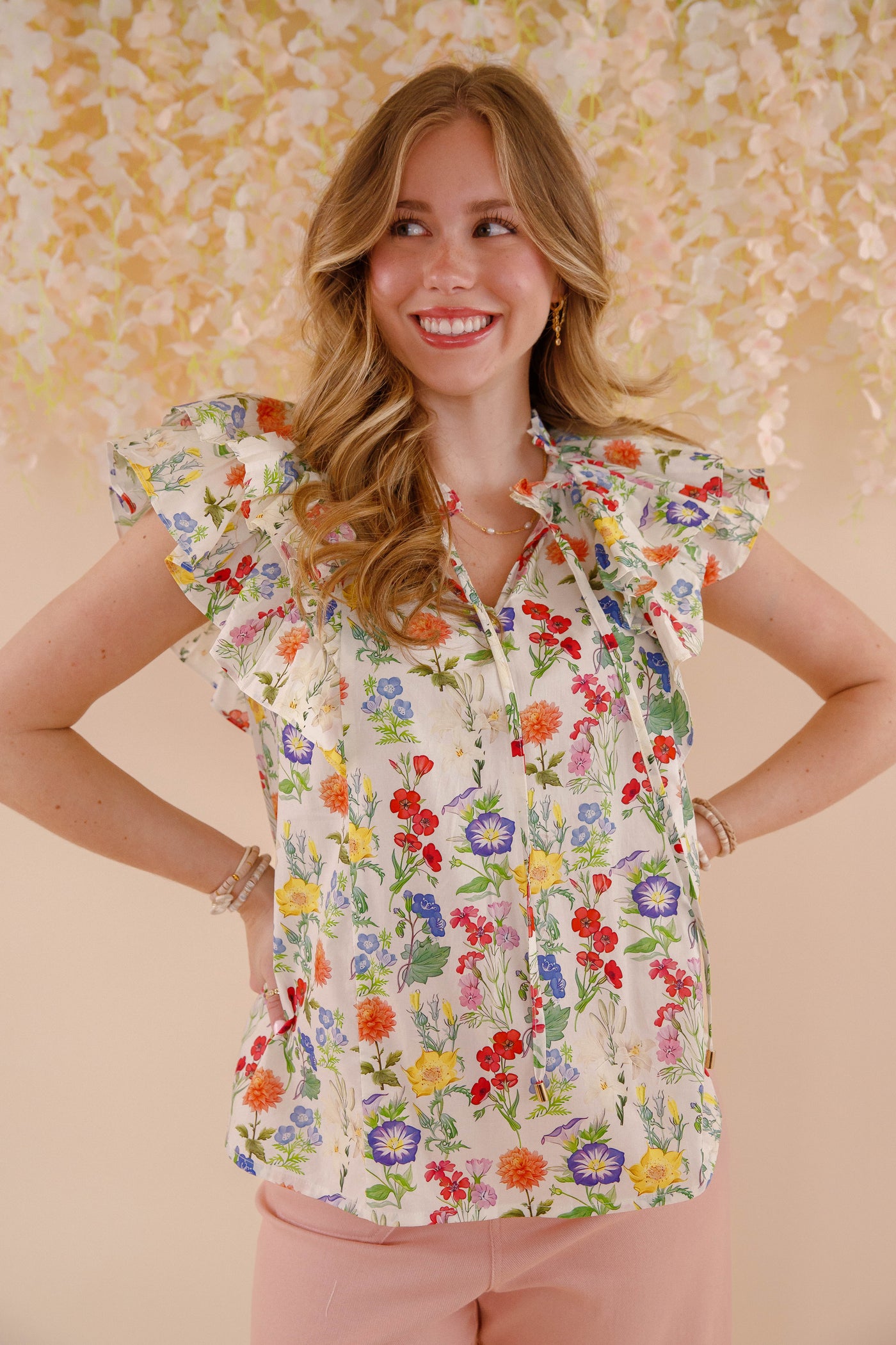Floral Print Ruffle Sleeve Blouse- Women's Spring Summer Tops- Entro Flower Blouse