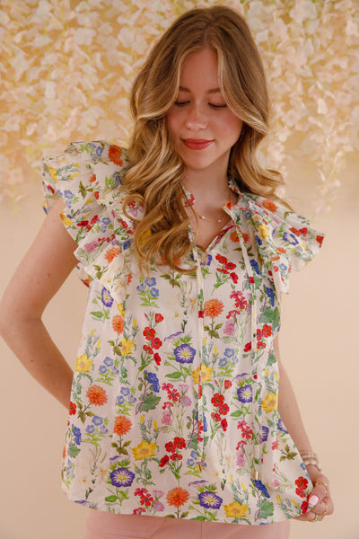 Floral Print Ruffle Sleeve Blouse- Women's Spring Summer Tops- Entro Flower Blouse