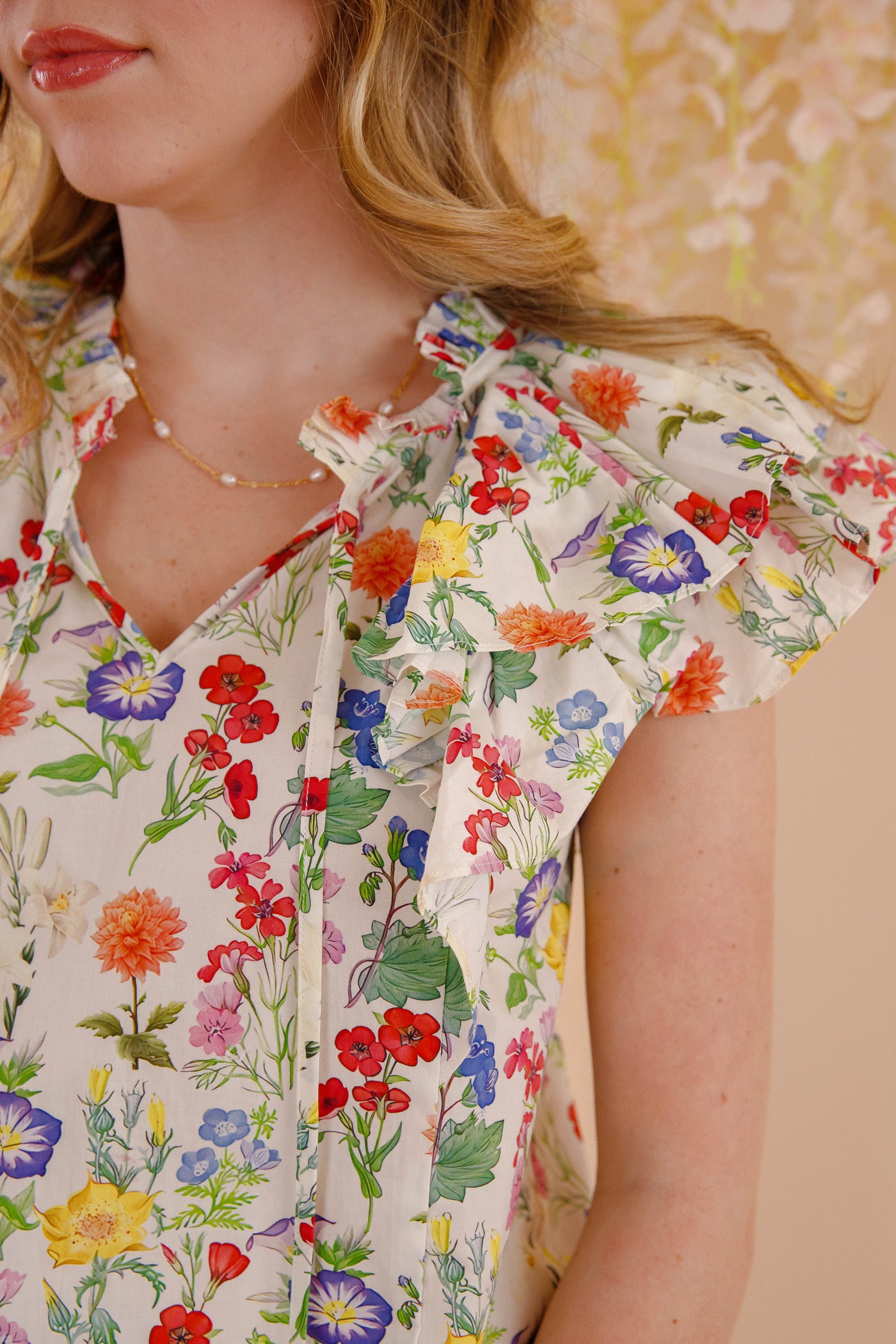 Floral Print Ruffle Sleeve Blouse- Women's Spring Summer Tops- Entro Flower Blouse