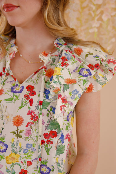 Floral Print Ruffle Sleeve Blouse- Women's Spring Summer Tops- Entro Flower Blouse