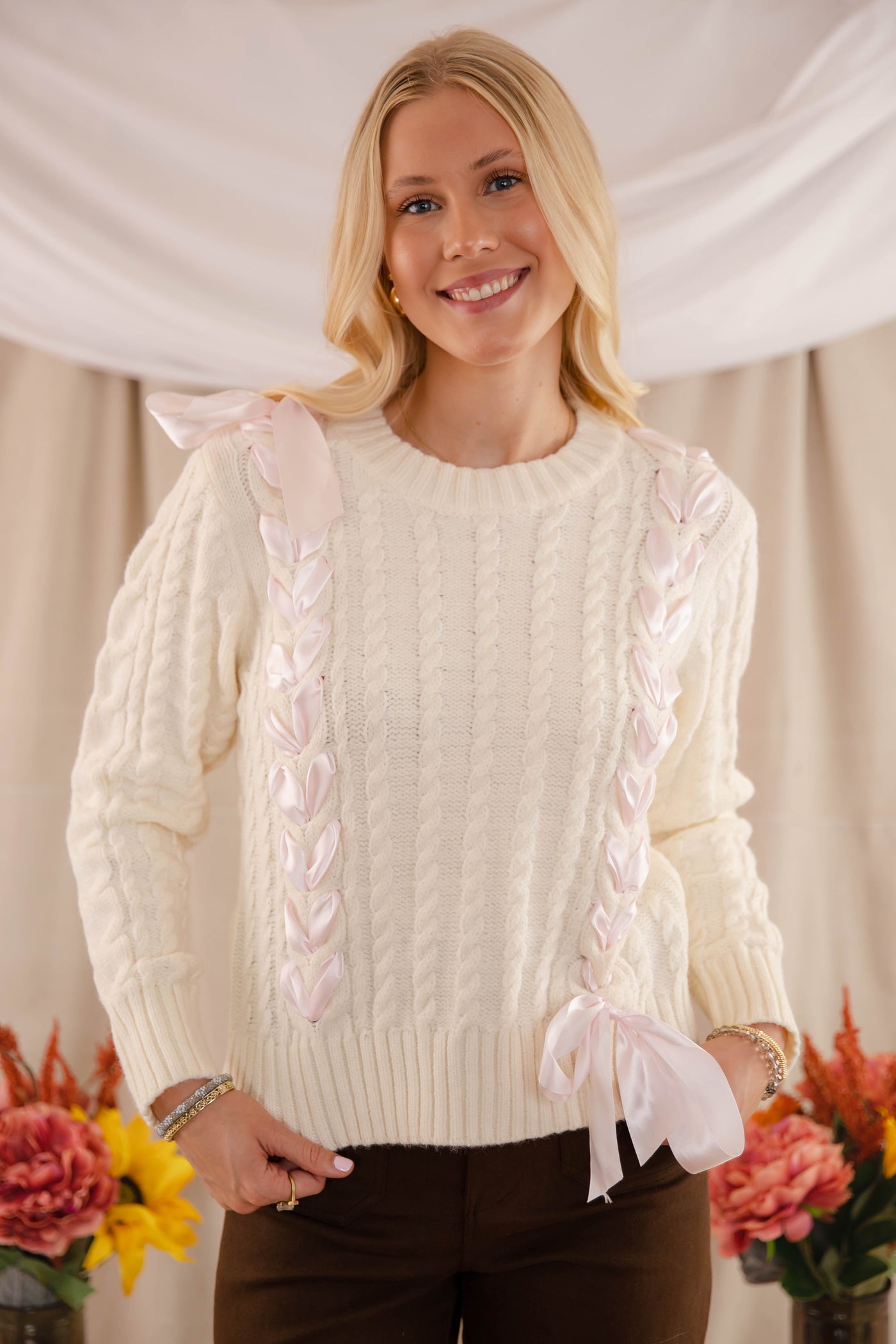 Ivory Sweater With Pink Ribbon- Cable Knit Ribbon Sweater For Women- LoveShack Bow Sweater