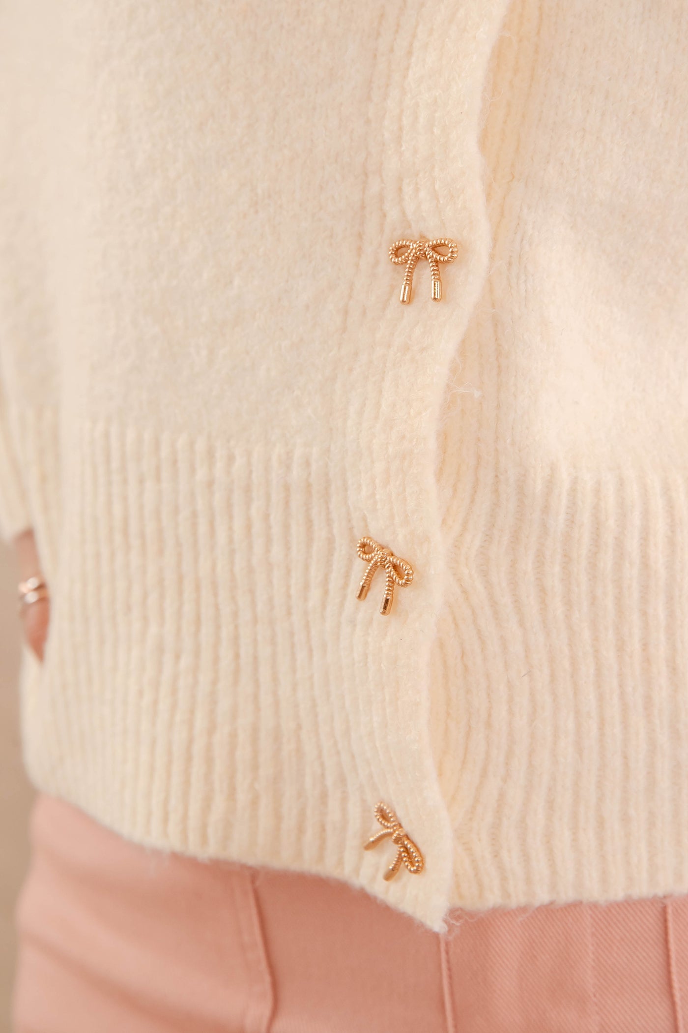 Women's Classic Ivory Cardigan- Women's Gold Bow Button Cardigan