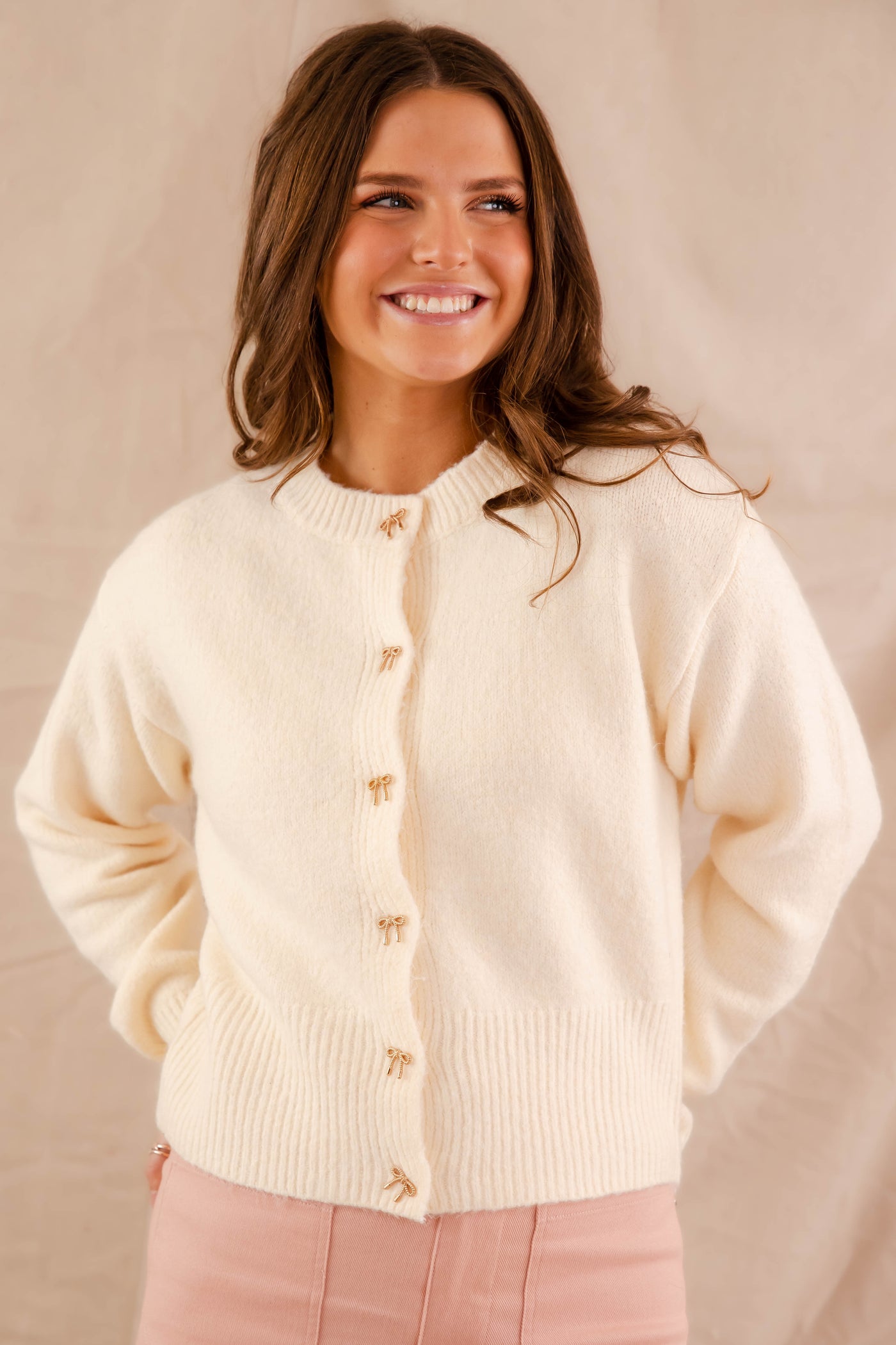 Women's Classic Ivory Cardigan- Women's Gold Bow Button Cardigan