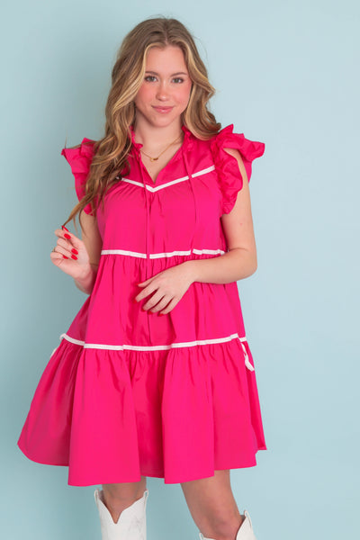 Women's Hot Pink Button Down Dress- Chic High End Dress with Ruffle Sleeves- Sofie The Label Dress