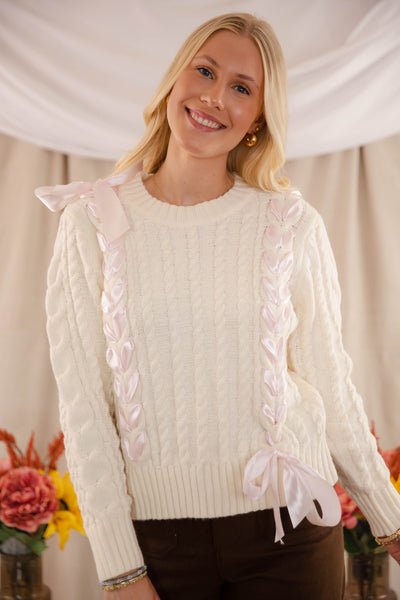 Ivory Sweater With Pink Ribbon- Cable Knit Ribbon Sweater For Women- LoveShack Bow Sweater