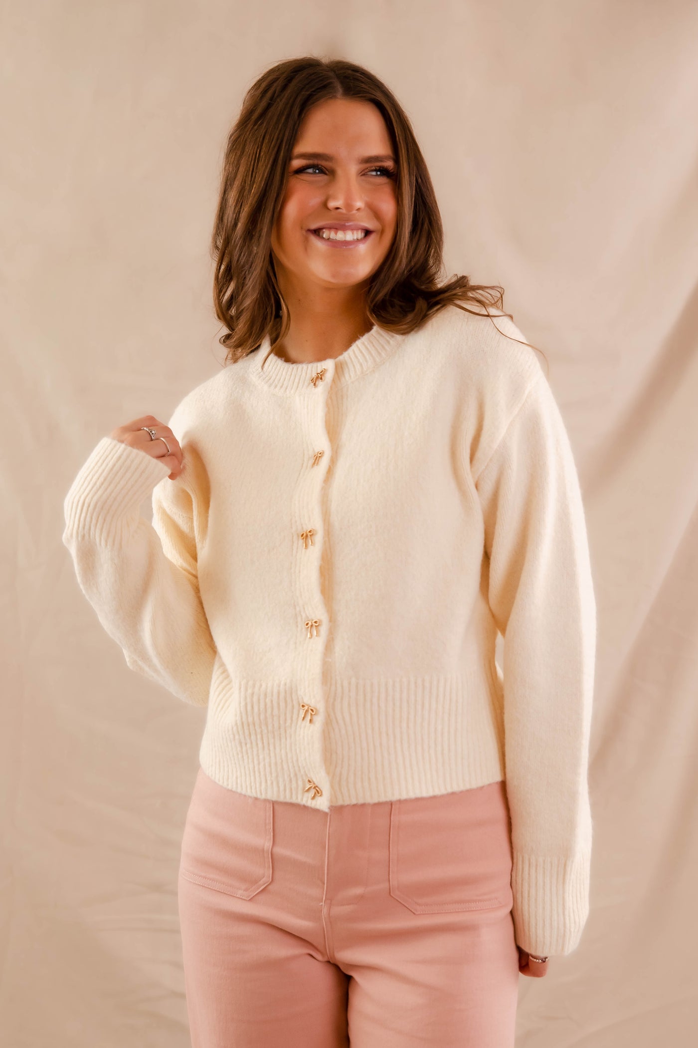 Women's Classic Ivory Cardigan- Women's Gold Bow Button Cardigan