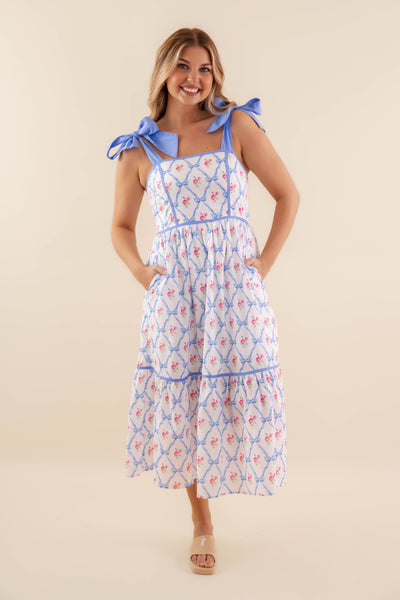 Women's Blue Bow Dress- Bow Midi Dress- Entro Bow Dress