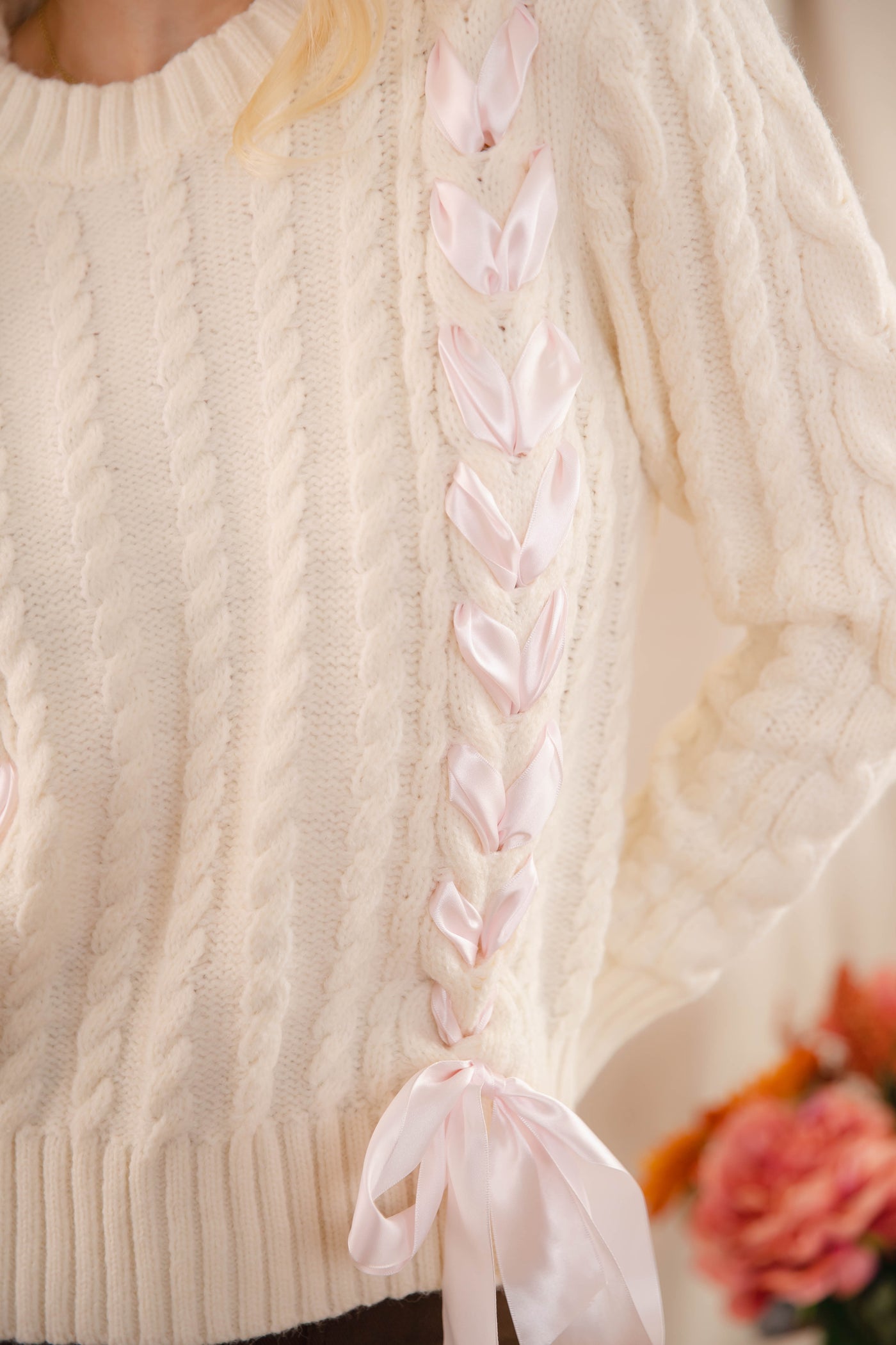 Ivory Sweater With Pink Ribbon- Cable Knit Ribbon Sweater For Women- LoveShack Bow Sweater