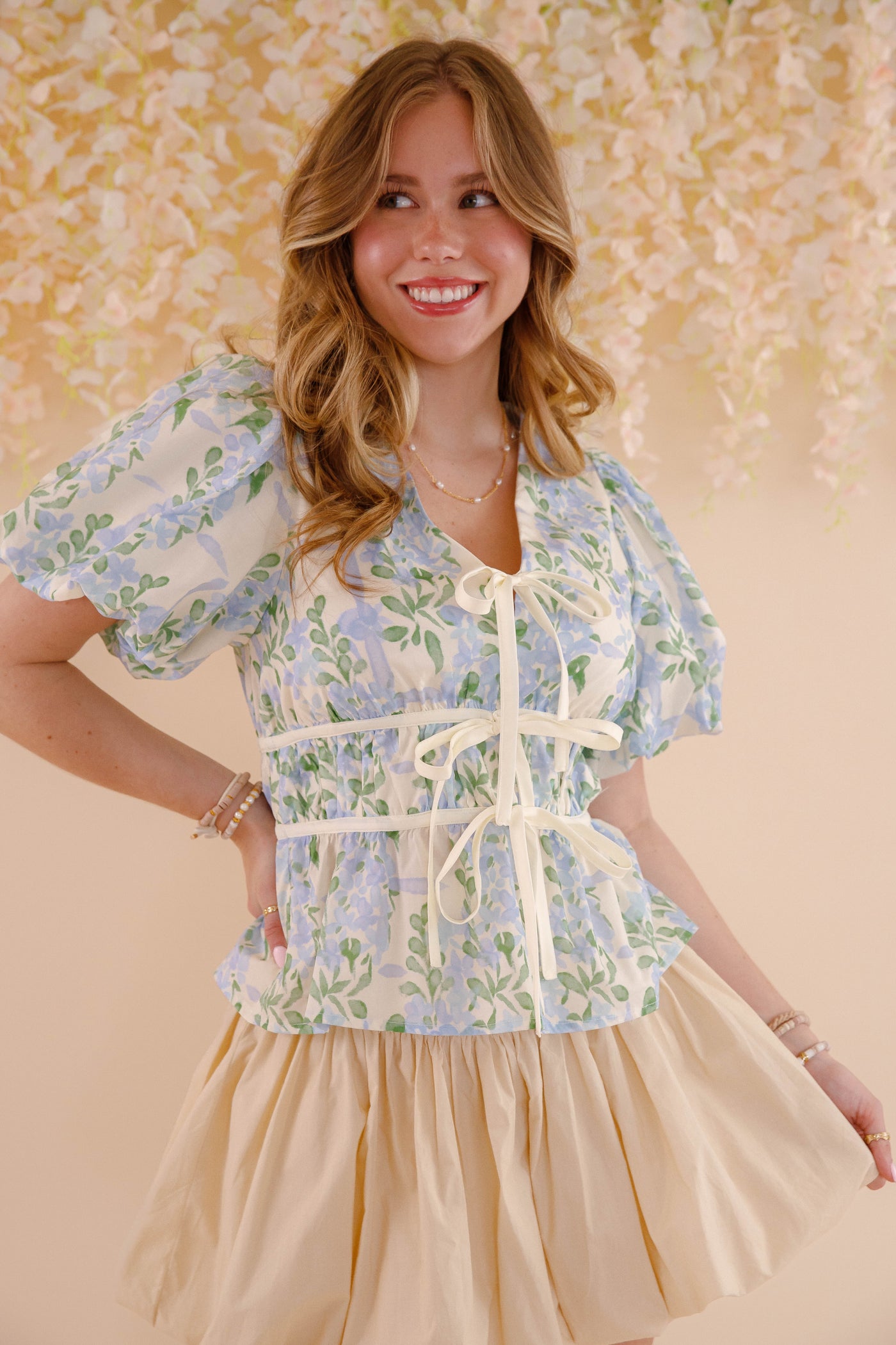 Cotton Blue Floral Puff Sleeve Blouse- Women's Cute Tops- Entro Floral Top