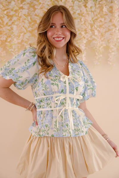 Cotton Blue Floral Puff Sleeve Blouse- Women's Cute Tops- Entro Floral Top