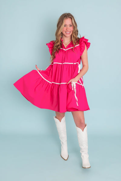 Women's Hot Pink Button Down Dress- Chic High End Dress with Ruffle Sleeves- Sofie The Label Dress